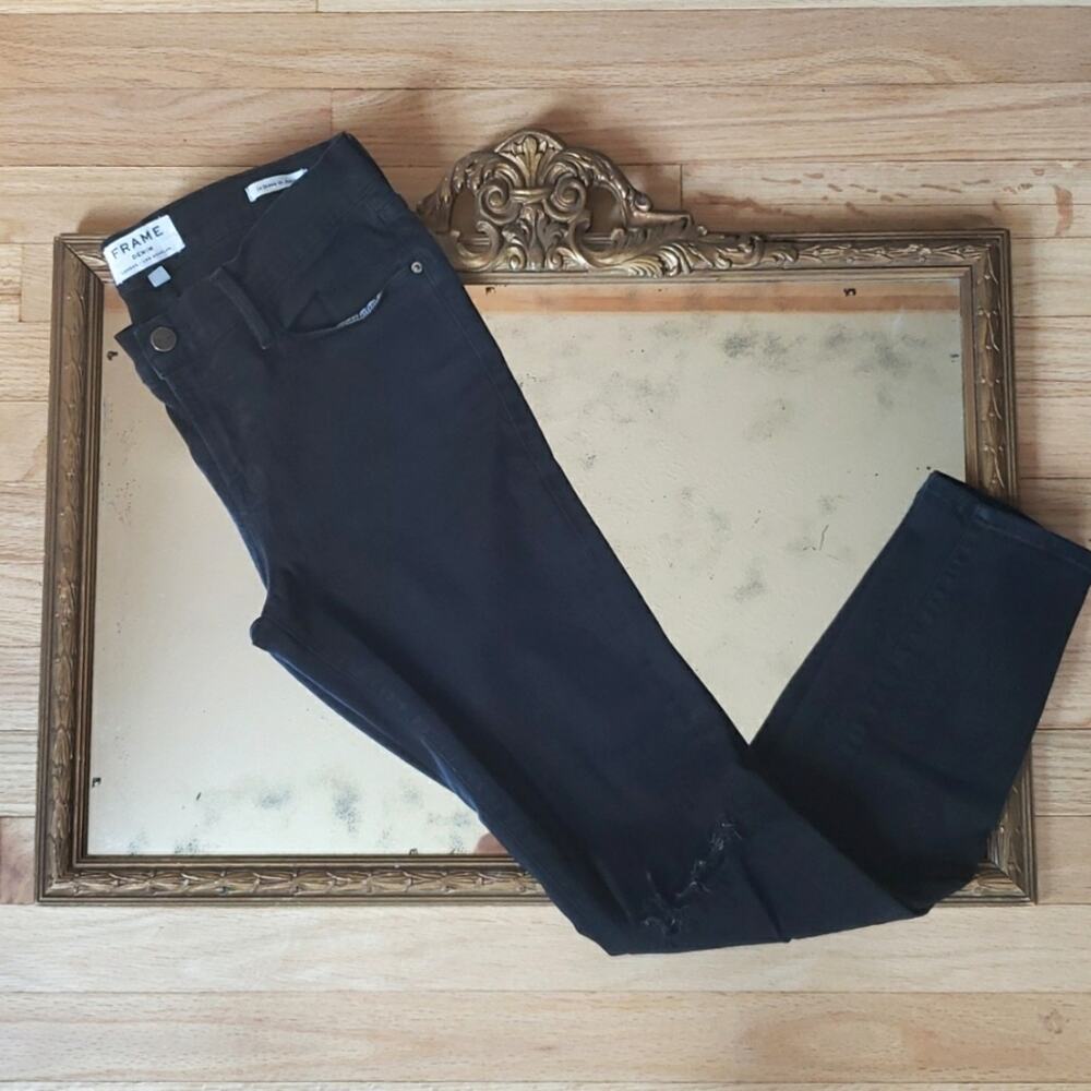 Frame Le Skinny de Jeanne Jeans Size 28 Black Gothic Witchy Mid Rise Broken Knee